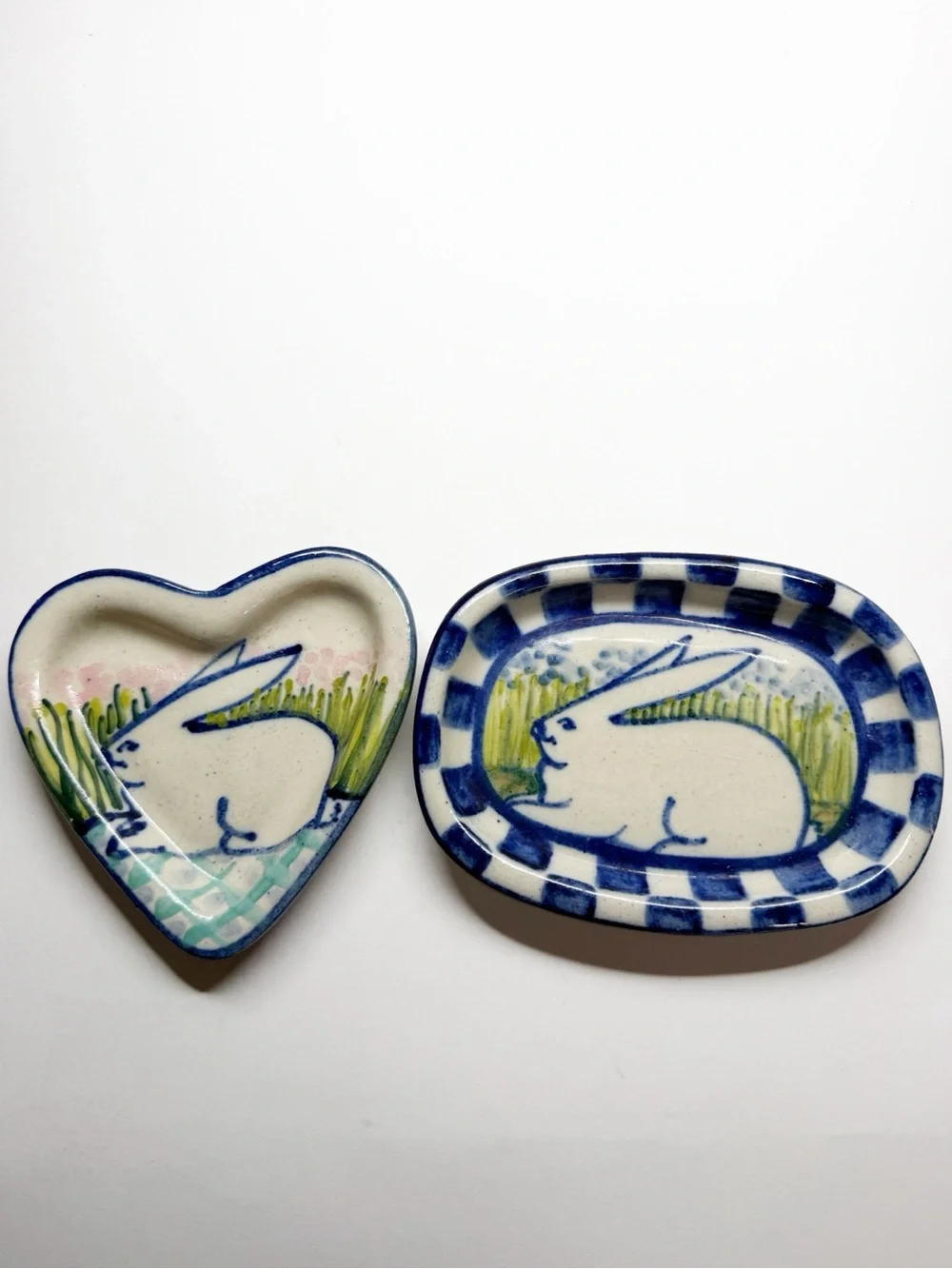Vintage Debbie Dean Pottery Folk Art Bunny Rabbit Plates